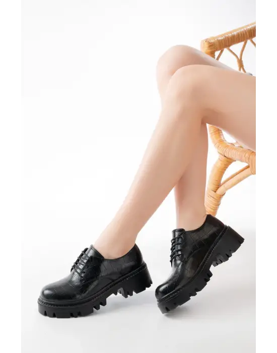 Siyah Kroko Bağcıklı Günlük Yüksek Tabanlı Loafer Ayakkabı