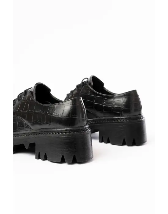 Siyah Kroko Bağcıklı Günlük Yüksek Tabanlı Loafer Ayakkabı