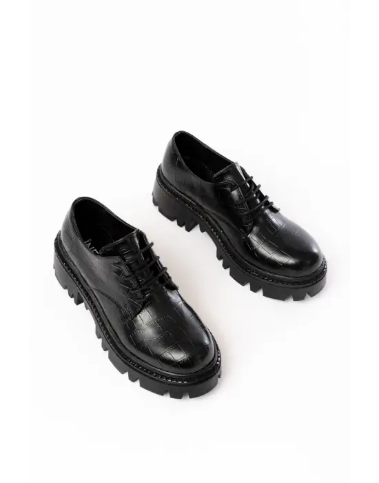 Siyah Kroko Bağcıklı Günlük Yüksek Tabanlı Loafer Ayakkabı