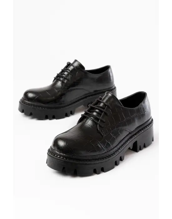 Siyah Kroko Bağcıklı Günlük Yüksek Tabanlı Loafer Ayakkabı