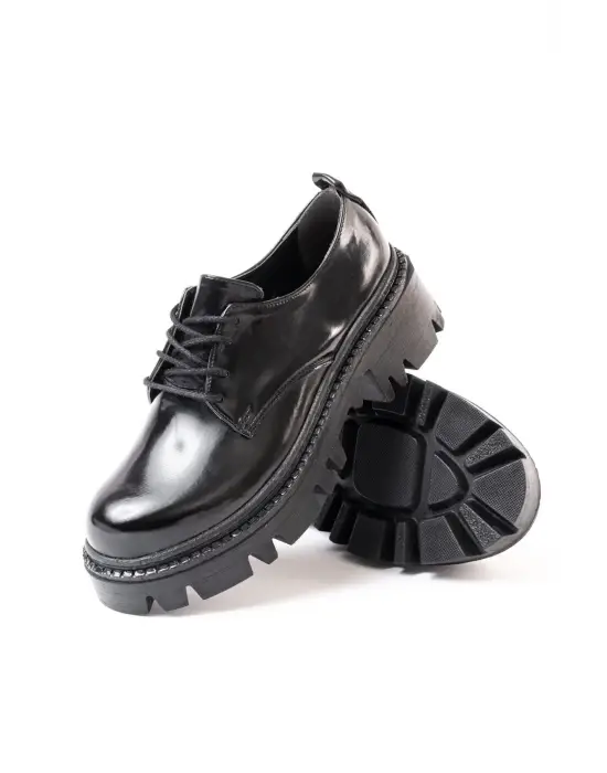 Siyah Rugan Bağcıklı Günlük Yüksek Tabanlı Loafer Ayakkabı