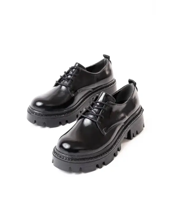 Siyah Rugan Bağcıklı Günlük Yüksek Tabanlı Loafer Ayakkabı