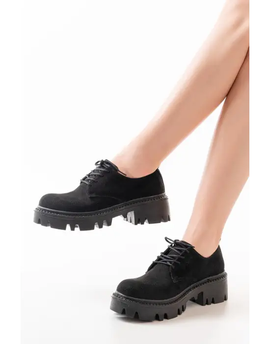 Siyah Süet Bağcıklı Günlük Yüksek Tabanlı Loafer Ayakkabı