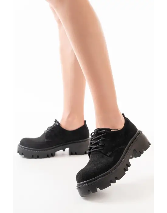 Siyah Süet Bağcıklı Günlük Yüksek Tabanlı Loafer Ayakkabı