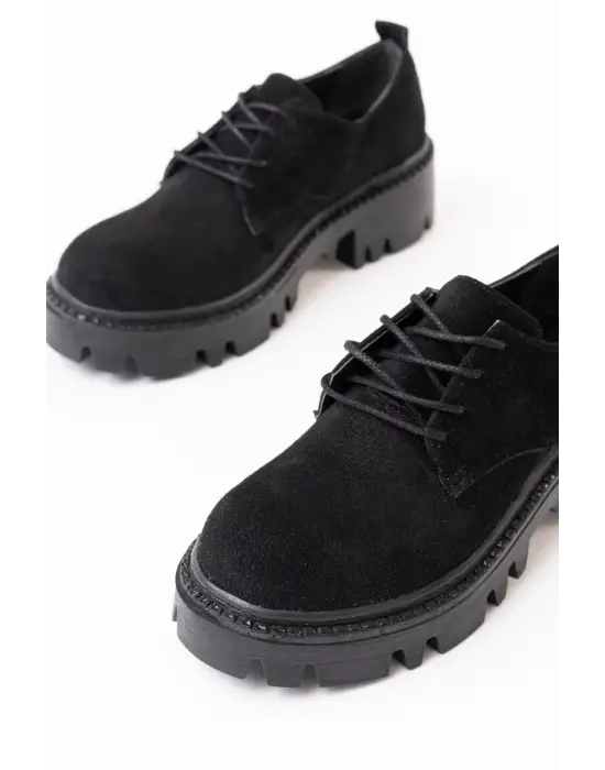 Siyah Süet Bağcıklı Günlük Yüksek Tabanlı Loafer Ayakkabı