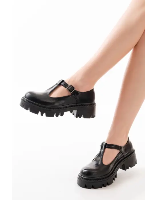 Siyah Rugan Günlük Yüksek Tabanlı Loafer Ayakkabı