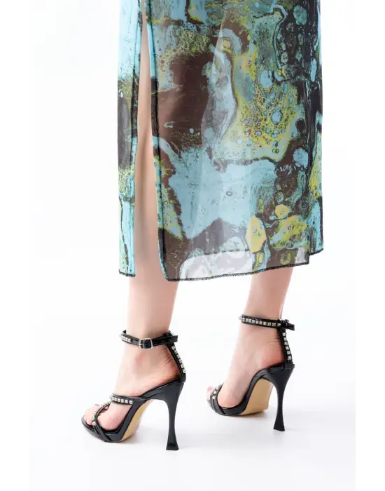 Siyah Taşlı Vivet Platformlu Topuklu Kadın Ayakkabı