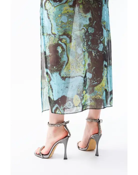 Platin Taş Aksesuarlı Platformlu Topuklu Kadın Terlik