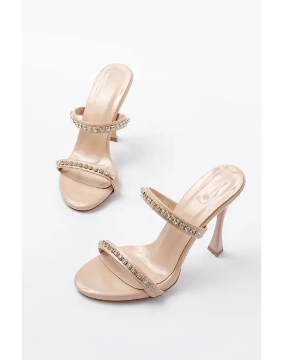 Kadın Bej Rugan Taşlı Platformlu Topuklu Terlik