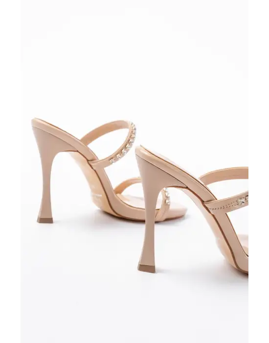 Kadın Bej Rugan Taşlı Platformlu Topuklu Terlik