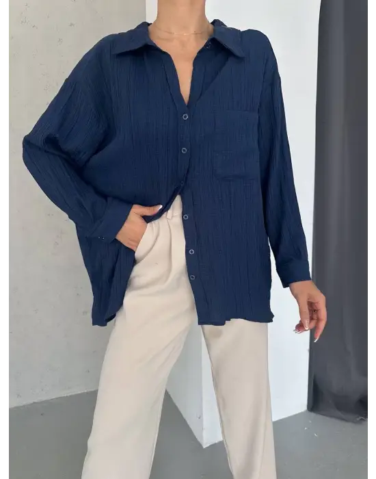 Ağaç Kabuğu Oversize Arkası Pileli Gömlek