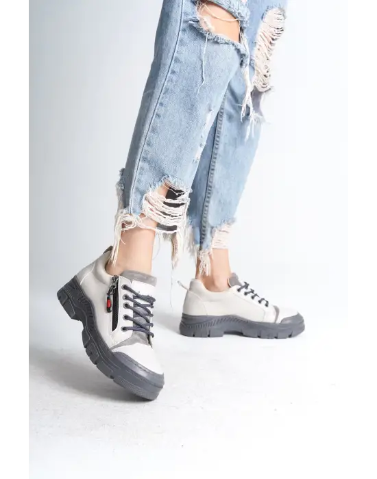 Agatha Bağcıklı Fermuarlı Ortopedik Taban Kadın Sneaker Spor Ayakkabı Gt - Krem