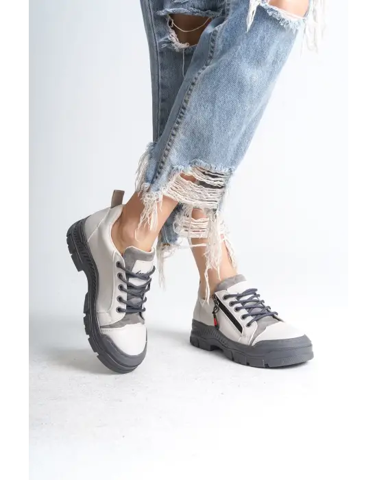 Agatha Bağcıklı Fermuarlı Ortopedik Taban Kadın Sneaker Spor Ayakkabı Gt - Krem