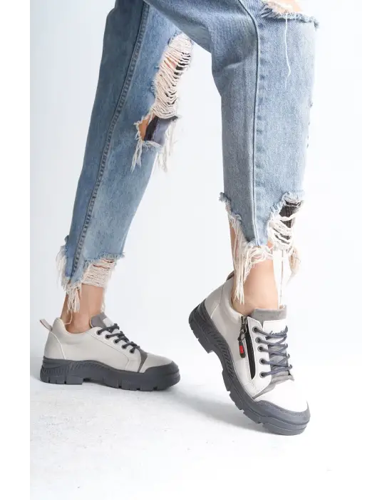 Agatha Bağcıklı Fermuarlı Ortopedik Taban Kadın Sneaker Spor Ayakkabı Gt - Krem
