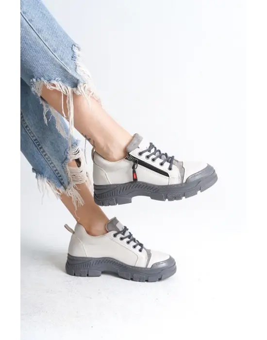 Agatha Bağcıklı Fermuarlı Ortopedik Taban Kadın Sneaker Spor Ayakkabı Gt - Krem