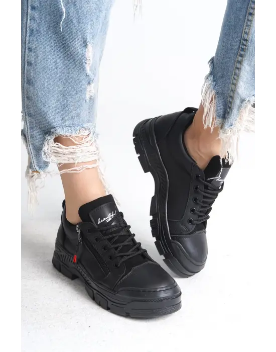 Agatha Bağcıklı Fermuarlı Ortopedik Taban Kadın Sneaker Spor Ayakkabı St - Siyah