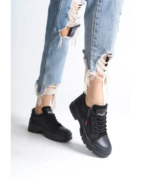 Agatha Bağcıklı Fermuarlı Ortopedik Taban Kadın Sneaker Spor Ayakkabı St - Siyah