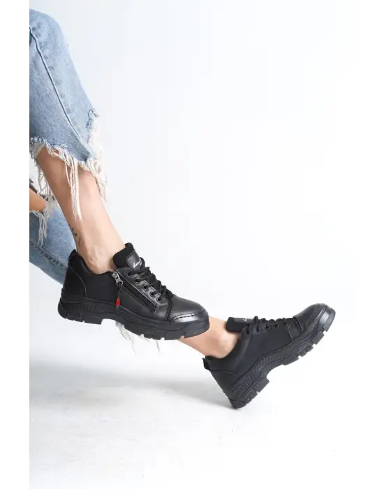Agatha Bağcıklı Fermuarlı Ortopedik Taban Kadın Sneaker Spor Ayakkabı St - Siyah
