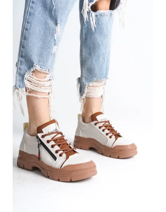 Agatha Bağcıklı Fermuarlı Ortopedik Taban Kadın Sneaker Spor Ayakkabı  Tt - Krem