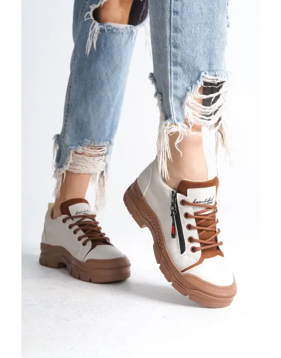 Agatha Bağcıklı Fermuarlı Ortopedik Taban Kadın Sneaker Spor Ayakkabı  Tt - Krem
