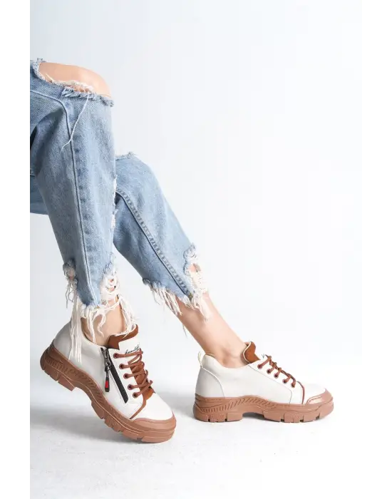 Agatha Bağcıklı Fermuarlı Ortopedik Taban Kadın Sneaker Spor Ayakkabı  Tt - Krem