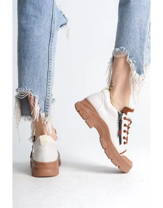 Agatha Bağcıklı Fermuarlı Ortopedik Taban Kadın Sneaker Spor Ayakkabı  Tt - Krem