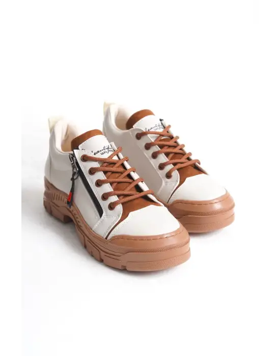 Agatha Bağcıklı Fermuarlı Ortopedik Taban Kadın Sneaker Spor Ayakkabı  Tt - Krem