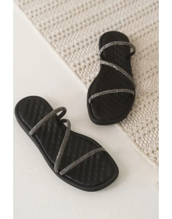 Alba Siyah Kadın Taşlı Terlik