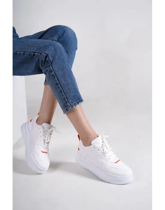 Alessı Bağcıklı Ortopedik Taban Kadın Sneaker Spor Ayakkabı Bt - Beyaz/turuncu
