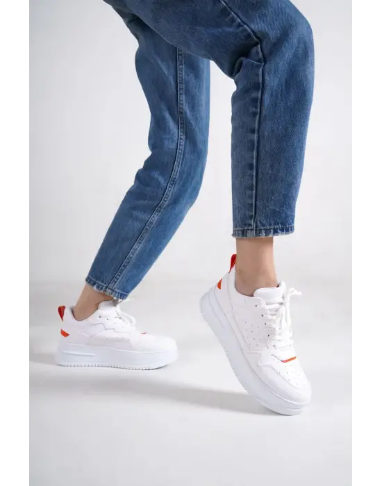 Alessı Bağcıklı Ortopedik Taban Kadın Sneaker Spor Ayakkabı Bt - Beyaz/turuncu