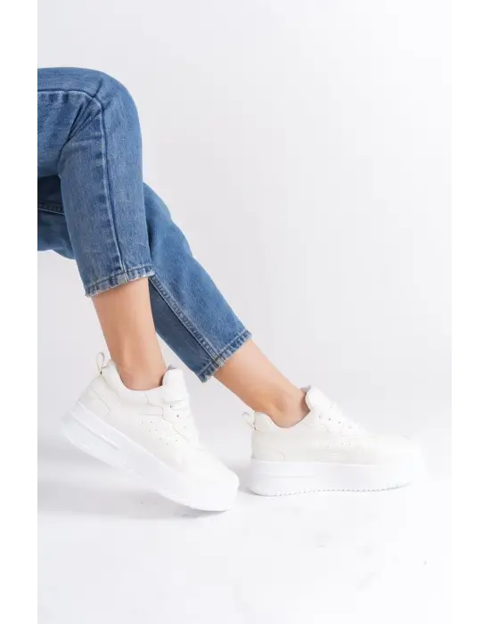 Alessı Bağcıklı Ortopedik Taban Kadın Sneaker Spor Ayakkabı Bt - Kırık Beyaz