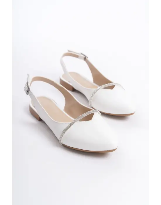Allıson Tokalı Ortopedik Rahat Taban Taş Detaylı Kadın Babet Ayakkabı  Kt - Beyaz