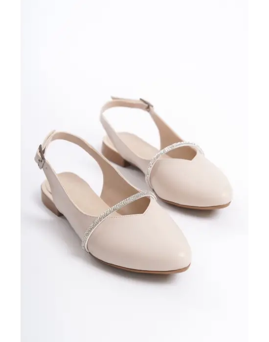 Allıson Tokalı Ortopedik Rahat Taban Taş Detaylı Kadın Babet Ayakkabı  Kt - Krem
