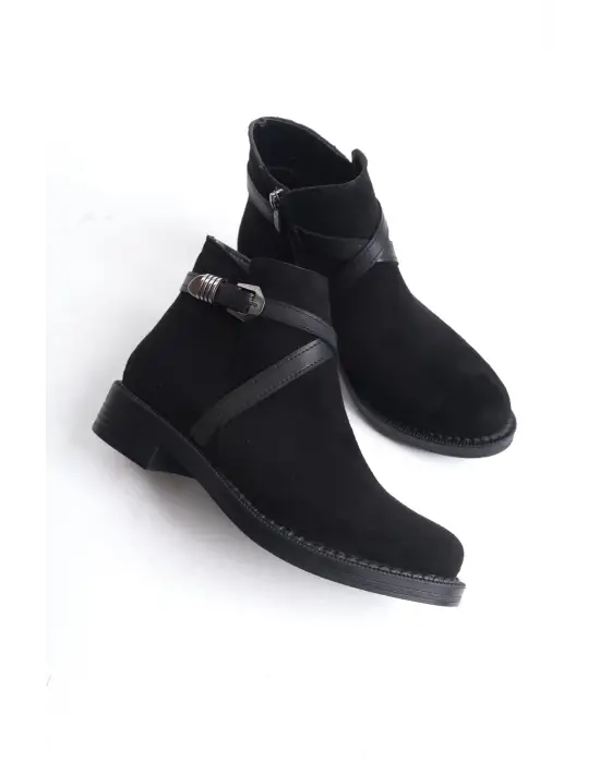 Almıla Fermuarlı Lastikli Ortopedik Taban Topuklu Süet Kadın Bot St - Siyah