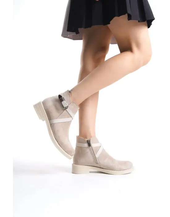 Almıla Fermuarlı Lastikli Ortopedik Taban Topuklu Süet Kadın Bot  Tt - Ten