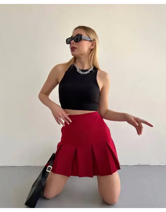 Altı Geniş Pileli Etek Bordo S24729