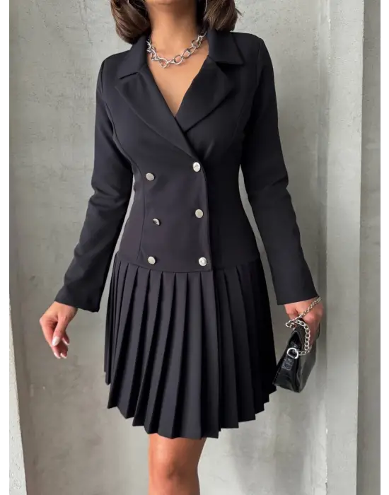 Altı Piliseli Uzun Kollu Ceket Elbise Siyah S255016