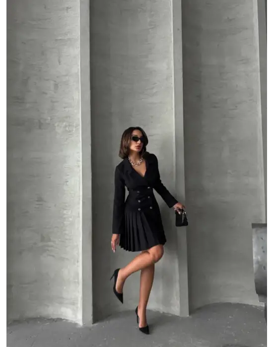 Altı Piliseli Uzun Kollu Ceket Elbise Siyah S255016