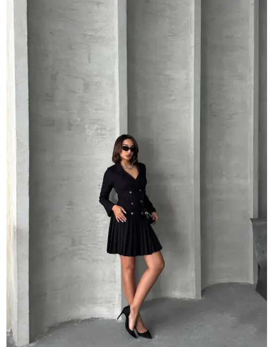 Altı Piliseli Uzun Kollu Ceket Elbise Siyah S255016