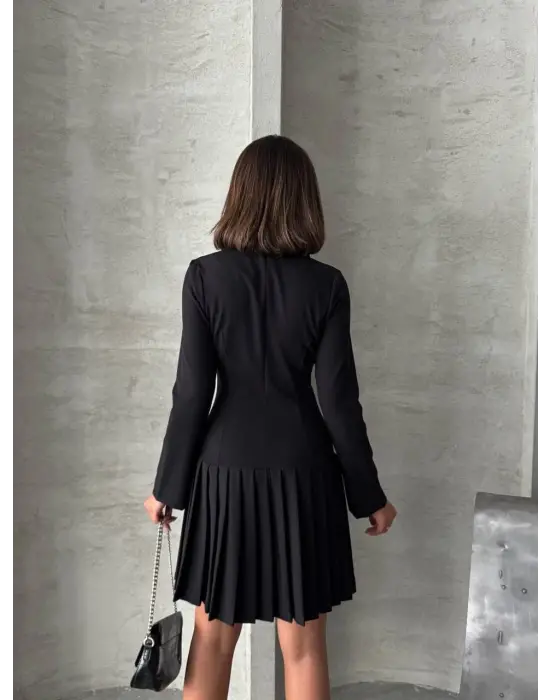 Altı Piliseli Uzun Kollu Ceket Elbise Siyah S255016