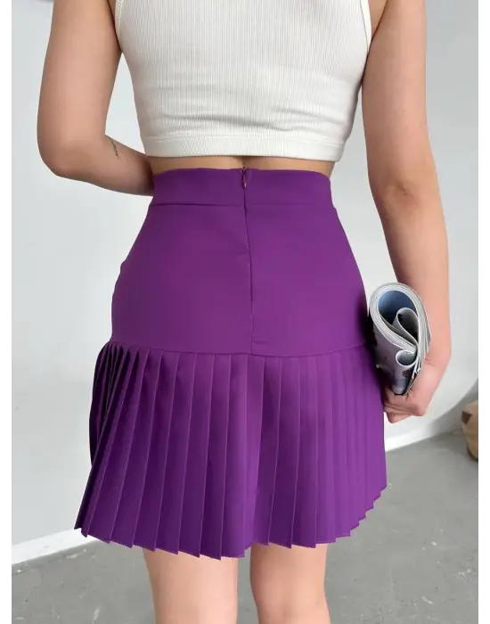 Altı Pliseli Mini Etek Mor S24705