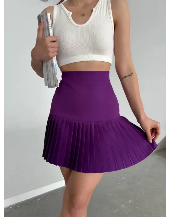 Altı Pliseli Mini Etek Mor S24705
