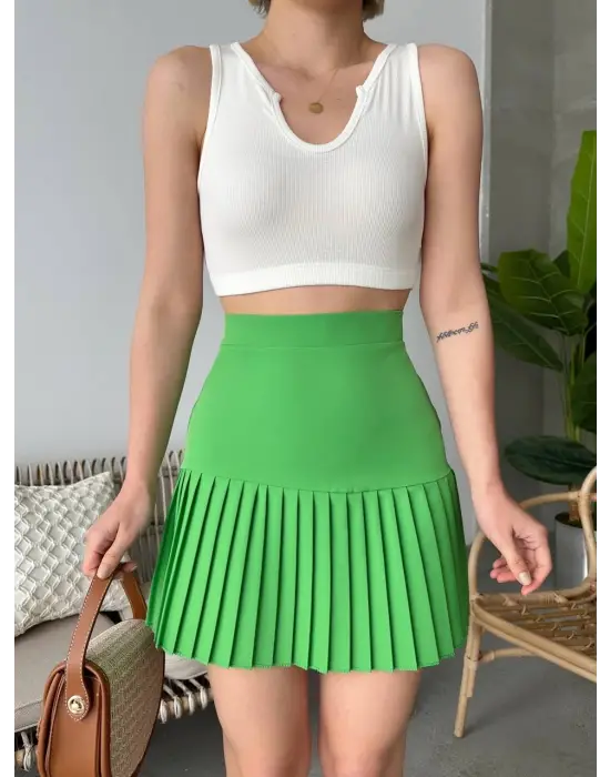 Altı Pliseli Mini Etek Yeşil S24705