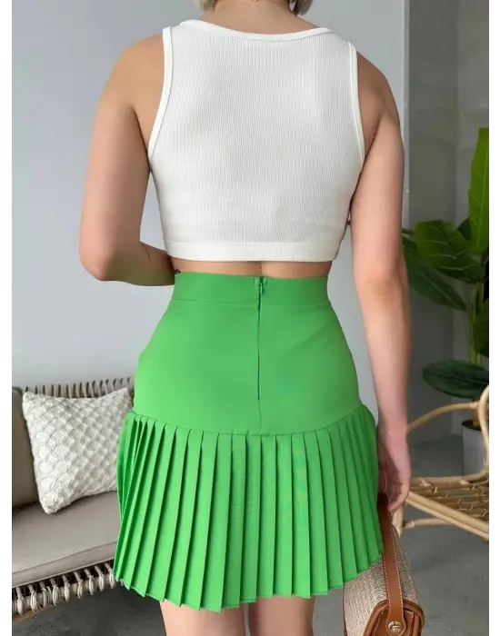 Altı Pliseli Mini Etek Yeşil S24705