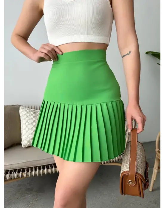 Altı Pliseli Mini Etek Yeşil S24705