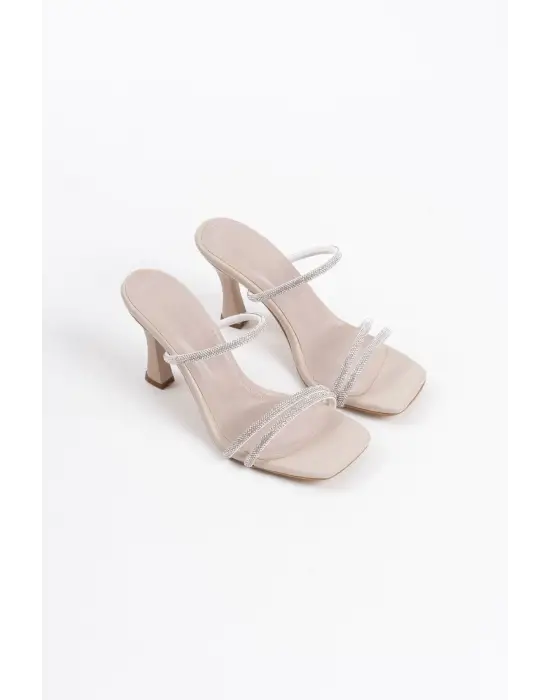 Alvina Bej Taşlı İnce Bantlı Kadın Topuklu Terlik