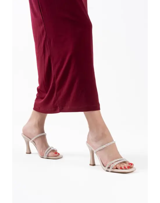 Alvina Bej Taşlı İnce Bantlı Kadın Topuklu Terlik