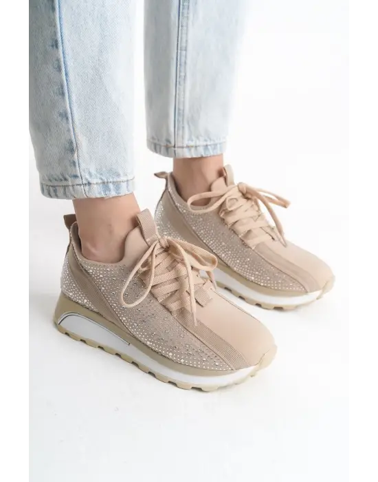 Alya Bağcıklı Ortopedik Taban Taşlı Kadın Sneaker Spor Ayakkabı Bt - Krem