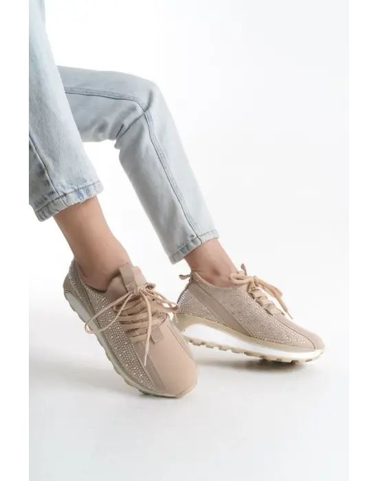 Alya Bağcıklı Ortopedik Taban Taşlı Kadın Sneaker Spor Ayakkabı Bt - Krem