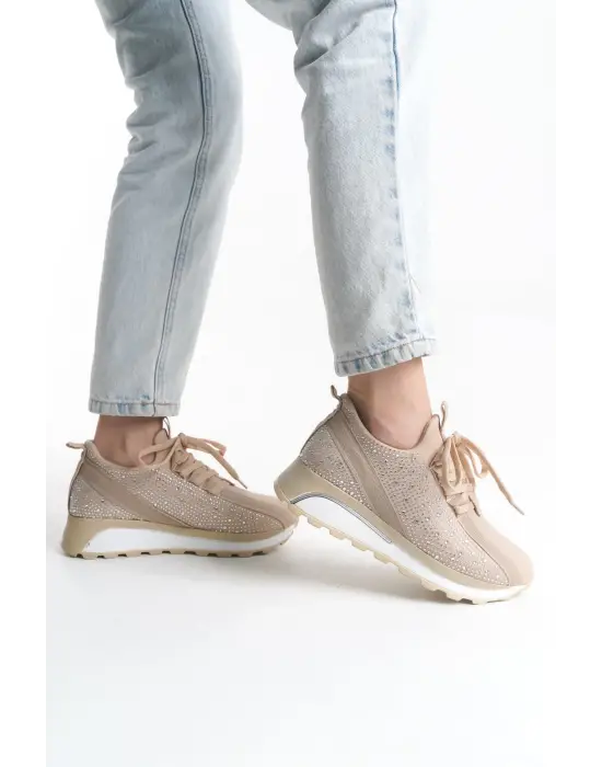 Alya Bağcıklı Ortopedik Taban Taşlı Kadın Sneaker Spor Ayakkabı Bt - Krem